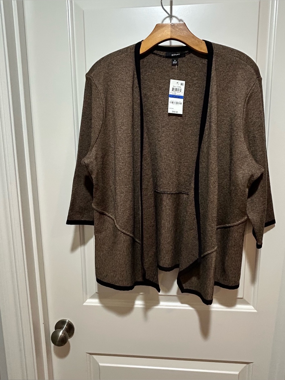 Alfani women’s size XL Open-Front Brown Cardigan with Black Trim. NWT.